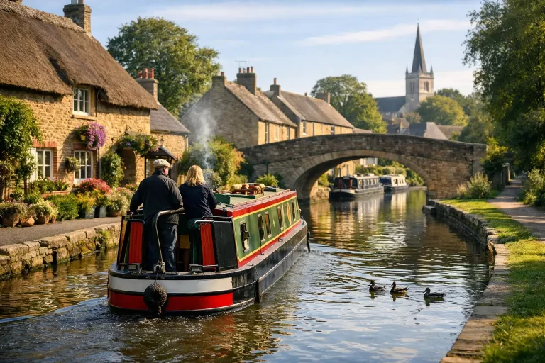Narrowboat Travel Through English Canal Villages